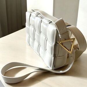 Faux Leather Handwoven Structured Box Bag Ivory with Gold Accent Baguette
